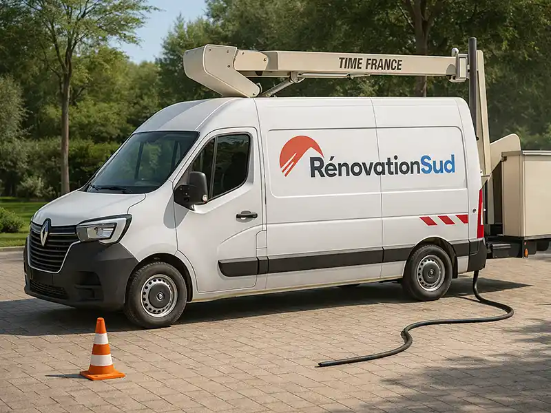 Camion nacelle couvreur Gard - Renovation Sud Un camion nacelle de Rénovation Sud blanc avec un logo rouge est garé à l'extérieur. La camionnette est surmontée d'une plate-forme de travail surélevée. Un cône de signalisation orange et un tuyau d'arrosage sont posés sur le sol à côté.