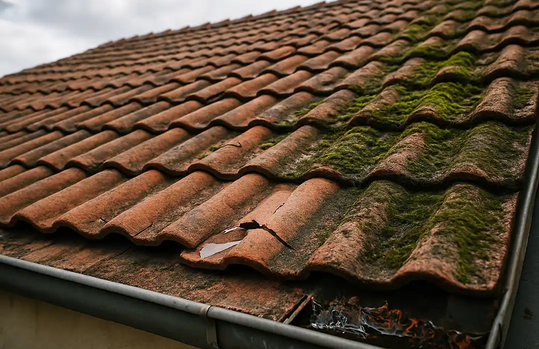 Un toit en pente avec des tuiles en terre cuite rouge, dont certaines sont fissurées et endommagées, présentant des dangers pour la toiture. Une partie du toit est recouverte de mousse verte et des feuilles se sont accumulées dans la gouttière en contrebas.