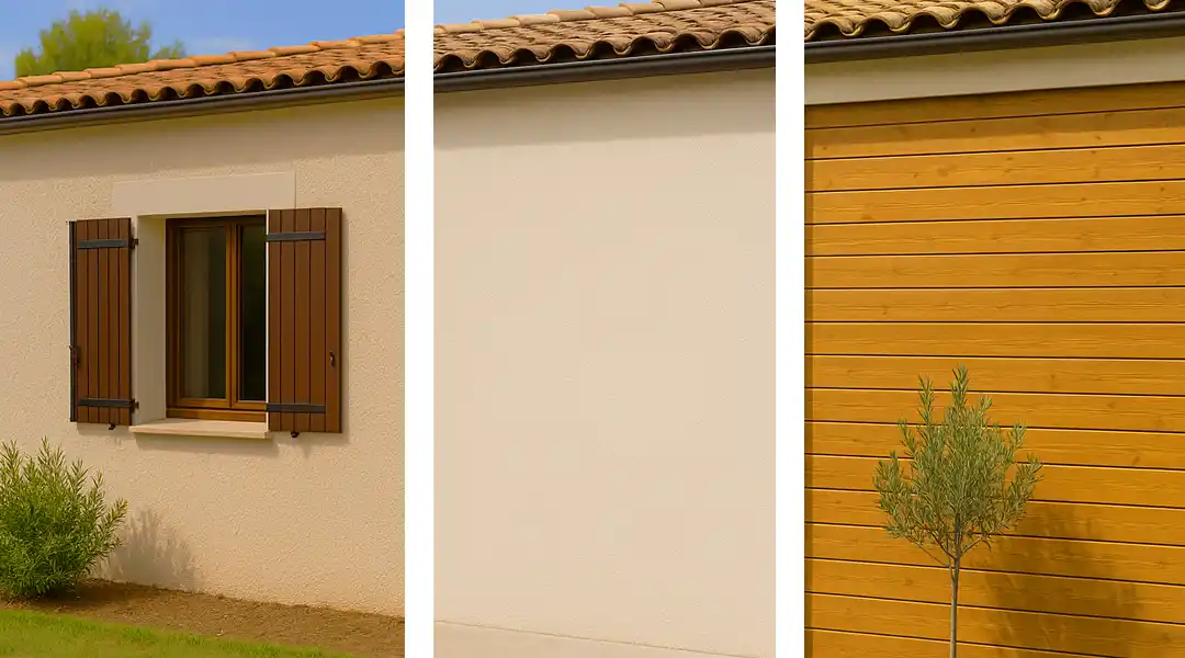 Trois sections de l'extérieur d'une maison présentent l'enduit peinture ou bardage pour façade : un mur blanc texturé avec fenêtre et volets, un mur blanc uni, et un panneau vertical en bois accentué par un petit arbre devant.