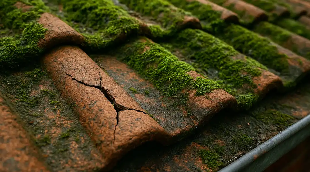 Vue rapprochée de vieilles tuiles usées par les intempéries et recouvertes de mousse verte, dont l'une est visiblement fissurée, probablement sous l'effet du gel et du dégel toiture. Les tuiles sont disposées en rangées superposées.