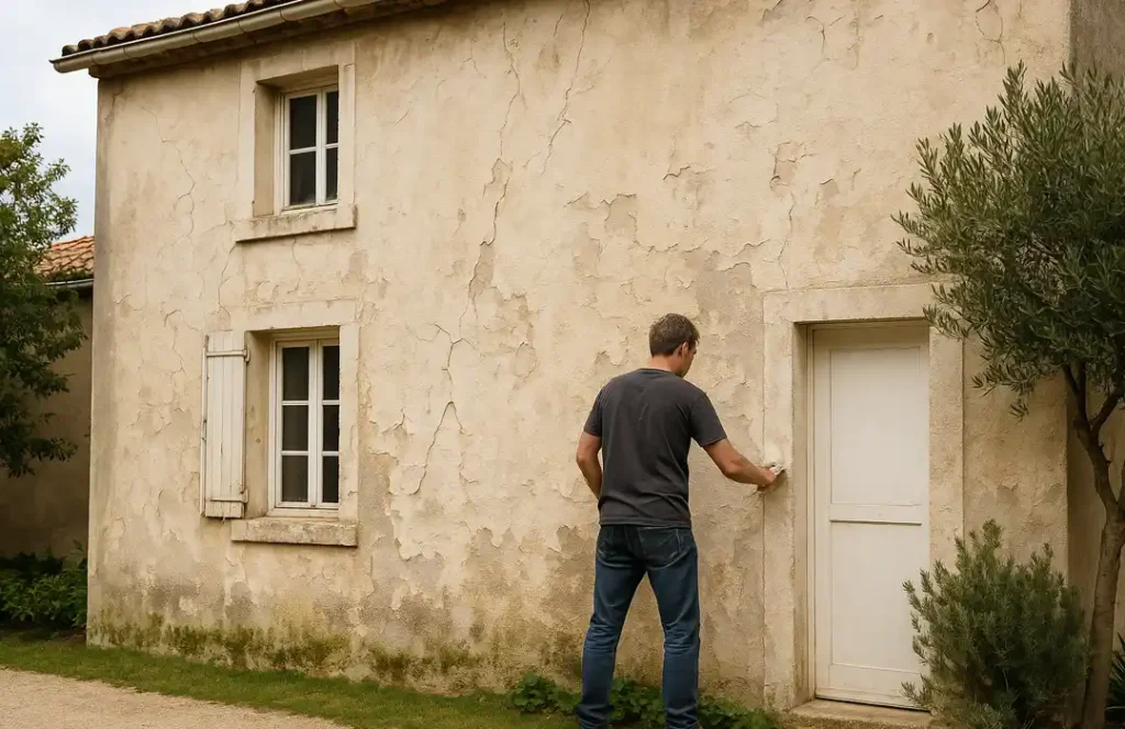 Un homme portant un tee-shirt sombre et un jean se tient face à une petite maison beige usée par les intempéries lors d'une inspection de ravalement de façade, ouvrant ou fermant une porte blanche. La maison a deux fenêtres à volets, des murs fissurés et de la verdure à proximité.