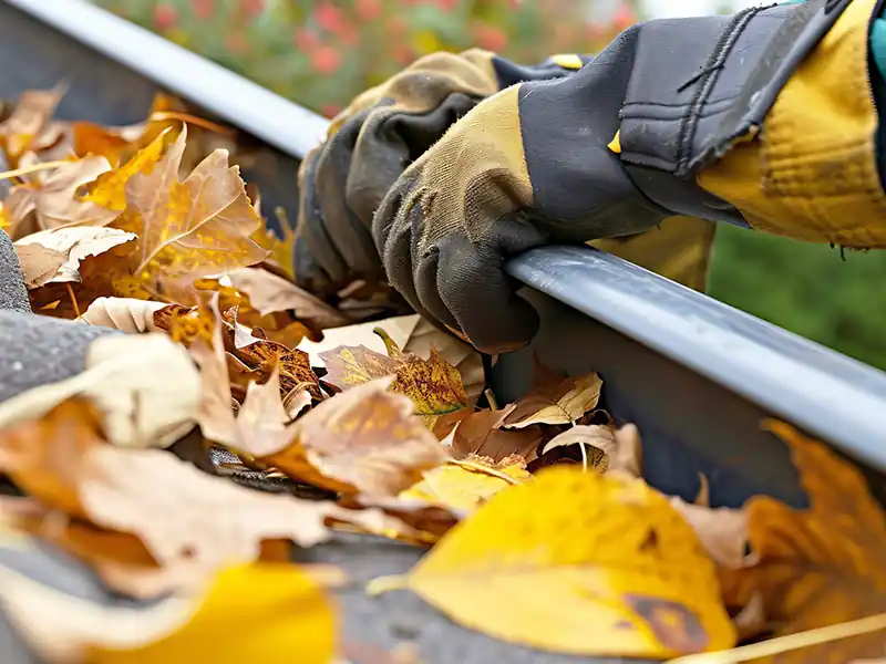 Nettoyage de gouttière - Rénovation Sud Une personne portant des gants de travail effectue un nettoyage de gouttière, c'est-à-dire qu'elle enlève les feuilles d'automne sèches de la gouttière d'une maison. La scène met en évidence les mains et les feuilles, sur fond de verdure floue et de fleurs rouges.