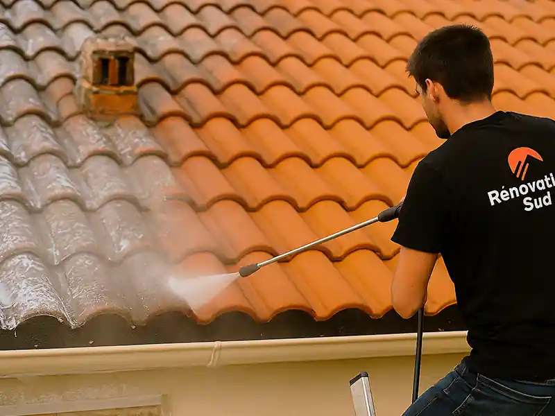Nettoyage hydrofuge toiture - Renovation Sud Une personne utilise un nettoyeur haute pression pour le nettoyage hydrofuge d'une toiture, en pulvérisant de l'eau pour nettoyer la saleté et la mousse des tuiles orange. La personne porte une chemise noire avec un texte blanc dans le dos.