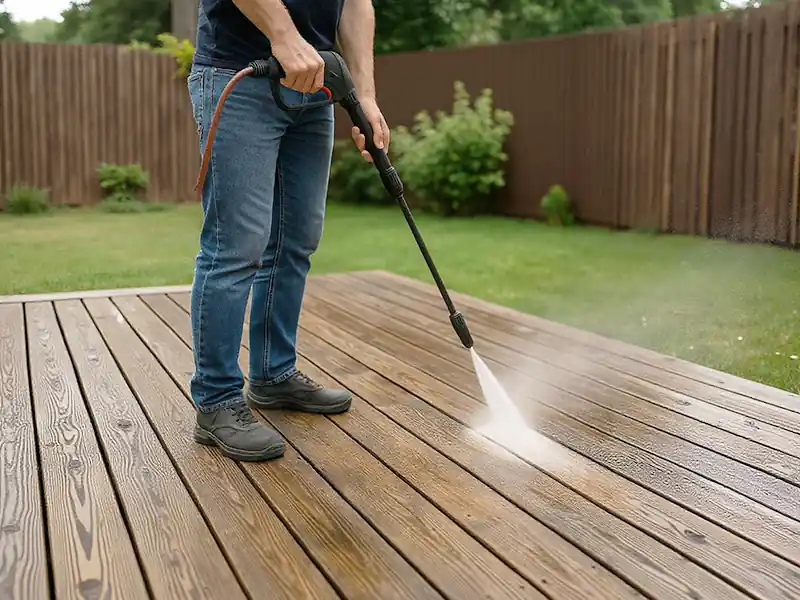 Nettoyage terrasse à Nimes - Renovation Sud Une personne utilise un nettoyeur haute pression pour nettoyer une terrasse à Nîmes, nettoyer une terrasse en bois à l'extérieur, avec une cour herbeuse, des arbres et une clôture en bois à l'arrière-plan.