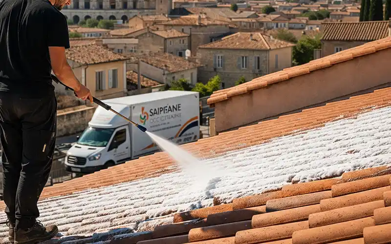 Nettoyage extérieur - terrasses, allées, cours - Renovation Sud près de Nimes Une personne utilise un nettoyeur haute pression pour un nettoyage toiture dans le Gard, appliquant de la mousse blanche sur les tuiles inclinées du toit. En arrière-plan, on aperçoit des bâtiments et un camion portant l'inscription SAIPFANE OCCITANIE.