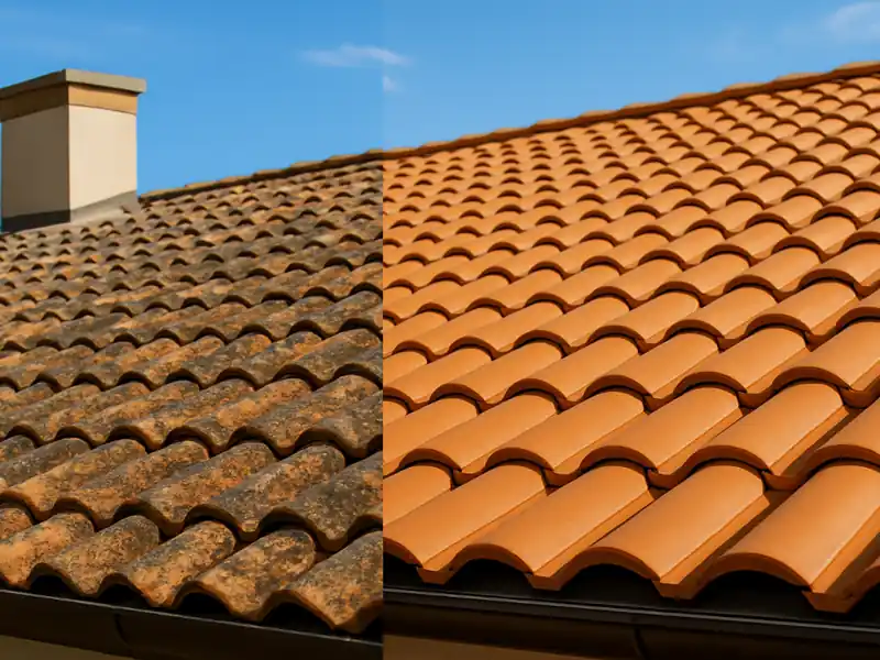 Nettoyage toiture avant après - Renovation Sud Un toit en tuiles est montré divisé en deux ; le côté gauche présente de vieilles tuiles usées par les intempéries, tandis que le côté droit révèle des tuiles neuves, propres et orange sous un ciel bleu - un résultat impressionnant de nettoyage toiture avant après.