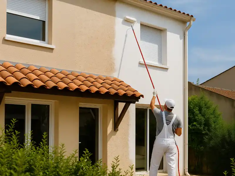 Peinture de façade - Renovation Sud Une personne en combinaison blanche utilise un long rouleau de peinture pour appliquer de la peinture de façade sur le mur extérieur d'une maison, jusqu'au deuxième étage, debout sur le sol, sous un ciel ensoleillé.