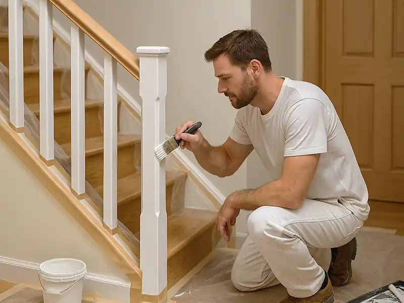 Peinture escalier - Renovation Sud Un homme vêtu de blanc est agenouillé à côté d'un escalier en bois, peignant soigneusement la rampe blanche à l'aide d'un pinceau - une scène classique de peinture escalier. Un seau de peinture et une housse de protection sont posés sur le sol à proximité.