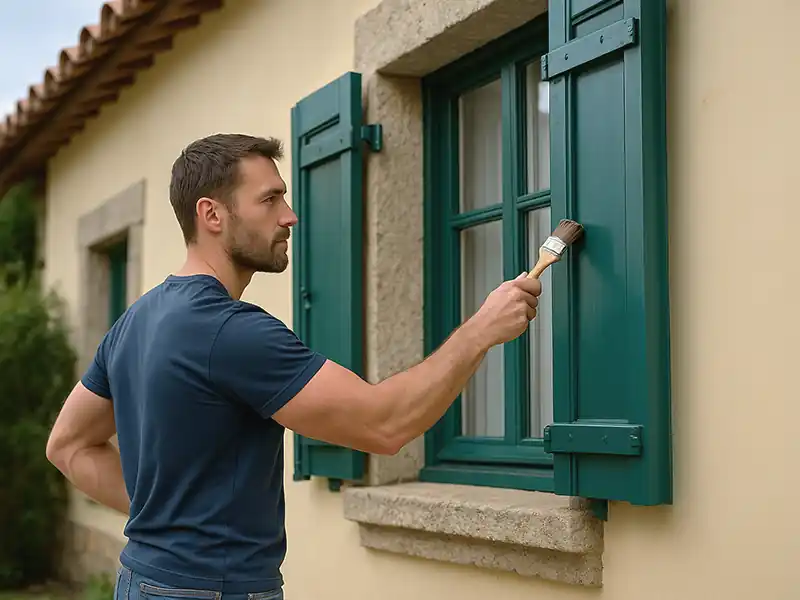 Peinture volet et portail près de Nimes - Renovation SUD Un homme vêtu d'un tee-shirt bleu applique de la peinture volet et portail alors qu'il peint au pinceau des volets en bois vert sur la fenêtre d'une maison beige, debout à l'extérieur par temps clair.