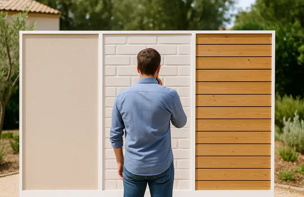 Un homme en chemise bleue se tient face à un présentoir avec trois textures de mur différentes - beige lisse, brique blanche et panneaux de bois horizontaux - en plein air par une journée ensoleillée, explorant une solution pour rénover sa façade.