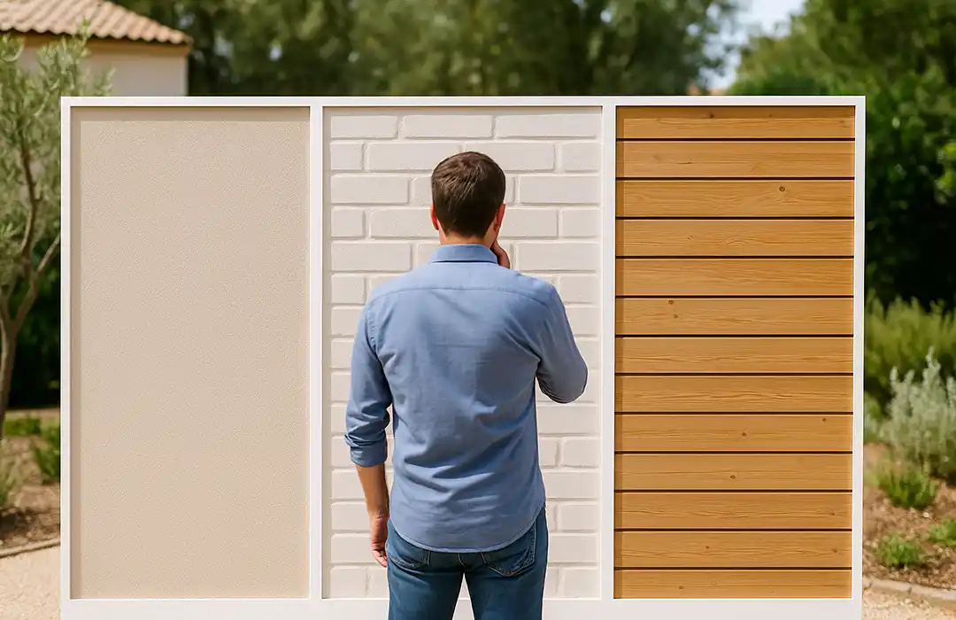 Un homme en chemise bleue se tient face à un présentoir avec trois textures de mur différentes - beige lisse, brique blanche et panneaux de bois horizontaux - en plein air par une journée ensoleillée, explorant une solution pour rénover sa façade.