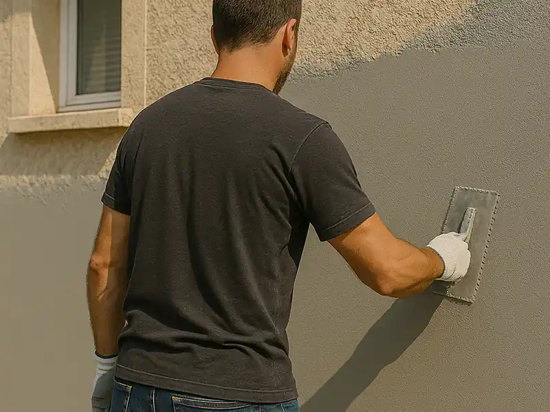 Ravalement mur de maison - Renovation Sud Une personne portant un tee-shirt sombre et des gants utilise une truelle pour appliquer ou lisser de l'enduit lors d'un ravalement de façade sur le mur extérieur d'un bâtiment.