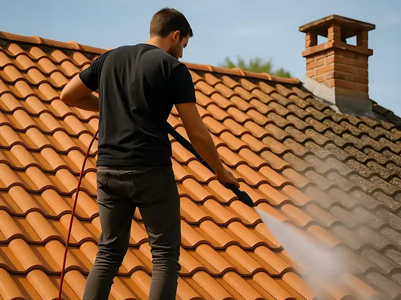 Traitement anti-mousse pour nettoyage toiture - Renovation Sud Une personne se tient sur un toit en tuiles à l'aide d'un nettoyeur haute pression et d'un traitement anti-mousse pour nettoyage toiture, révélant un contraste évident entre les tuiles nettoyées et les tuiles sales. Une cheminée en briques est visible à l'arrière-plan.