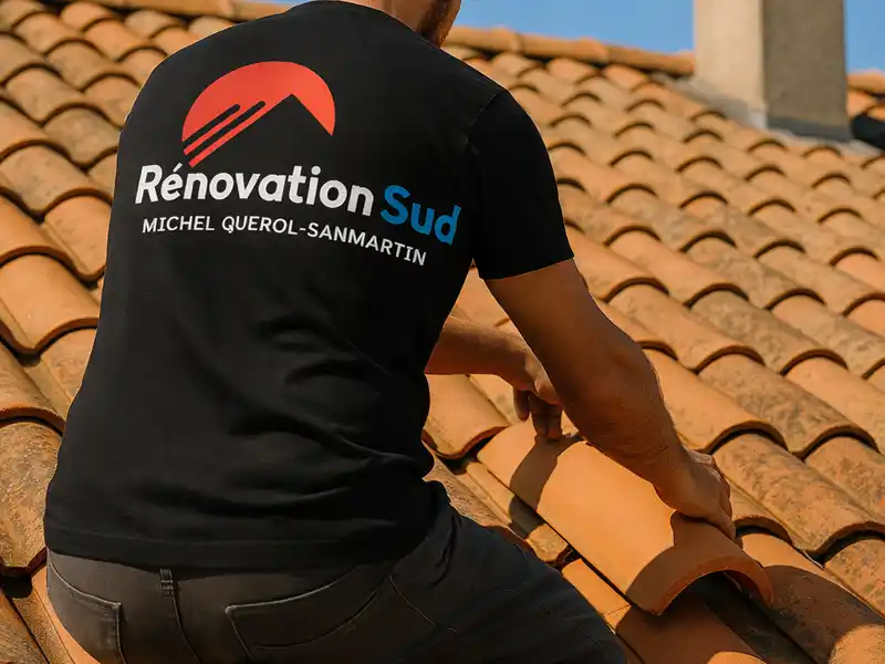 Travaux de couverture Gard - Rénovation Sud Une personne portant un t-shirt Rénovation Sud Michel Querol-Sanmartin répare ou pose des tuiles courbes en terre cuite sur un toit en pente, mettant en valeur les travaux de couverture dans le Gard.