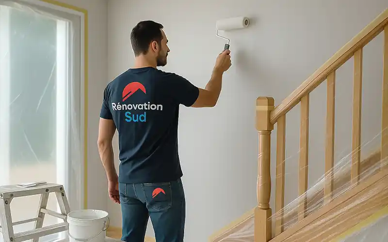 Nettoyage extérieur - terrasses, allées, cours - Renovation Sud près de Nimes Un homme vêtu d'un t-shirt Rénovation Sud peint un mur au rouleau à côté d'un escalier en bois, travaillant sur des travaux de peinture intérieure. Une échelle et un seau à peinture se trouvent à proximité, des bâches en plastique protégeant les surfaces.